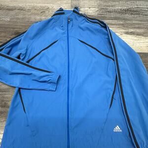 Adidas Blue Black Womens L Full Zip 3-Stripes Spell Out Performance Track Jacket